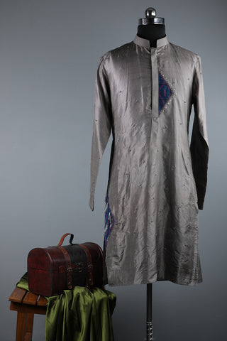 Handwoven silver grey patchwork men's kurta with embellishments