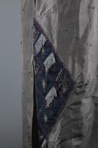 Handwoven silver grey patchwork men's kurta with embellishments