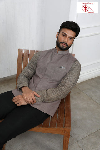 Grey panelled khadi nehru jacket