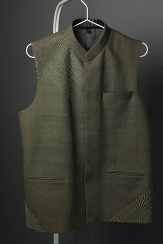 Olive green chorded and panelled khadi  nehru jacket