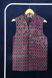 Embroidered red and blue ikat nehru jacket in raw silk
