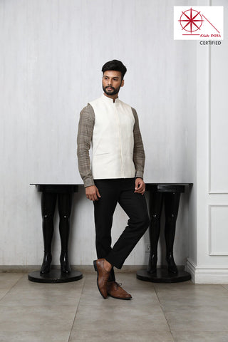 Off white (khadi) nehru jacket with cording