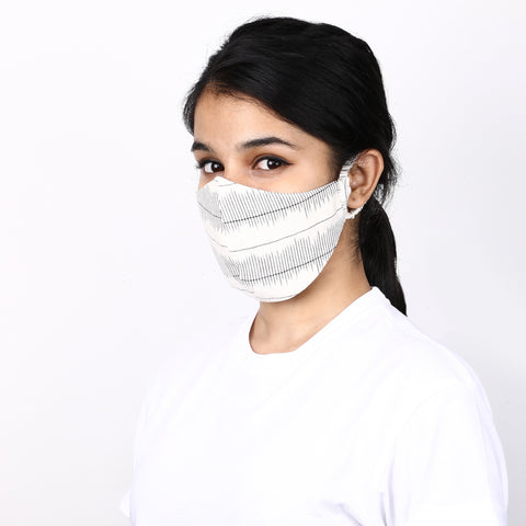 Off white and teal 3 layered cotton ikat mask