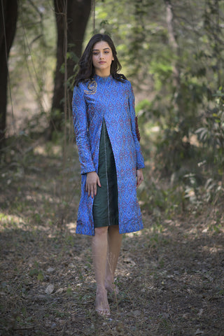 Handwoven and embroidered silk ikat sherwani dress