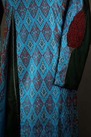 Handwoven and embroidered silk ikat sherwani dress