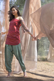 Silk ikat one shoulder top with silk dhoti pants