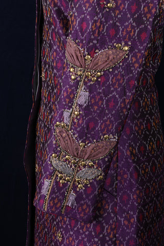 Embroidered raw silk ikat sherwani with trouser