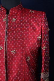 Embroidered raw silk ikat sherwani with trouser