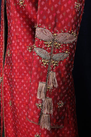 Embroidered raw silk ikat sherwani with trouser