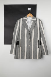 White and Black Striped Handwoven Sharp Tailored Blazer