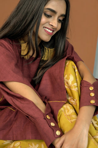 Maroon khadi kurta with stylized sleeves