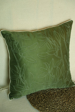 Lush forest green cushion cover with tone on tone hand embroidery