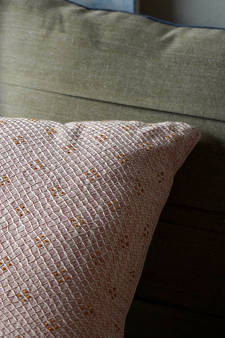 Banjara embroidery on marbled pastel pink  ikat cushion cover