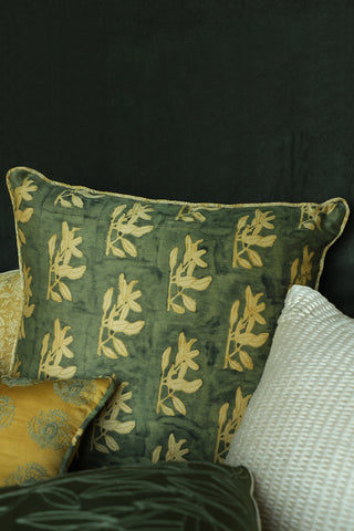 Chanderi silk cushion cover in tropical kalamkari block print and rich suede back