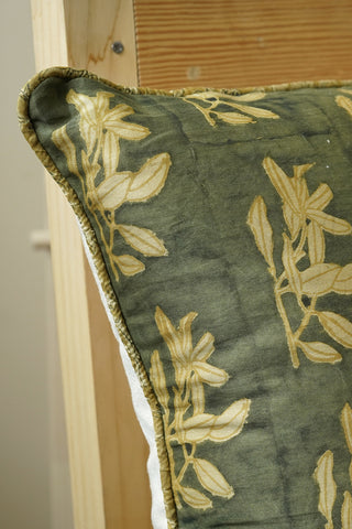 Chanderi silk cushion cover in tropical kalamkari block print and rich suede back