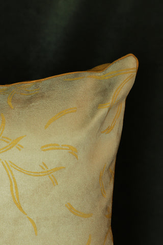 Off-white suede cushion cover with mustard hand block print