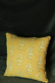 Summery yellow cotton cushion cover with kalamkari block print and suede back