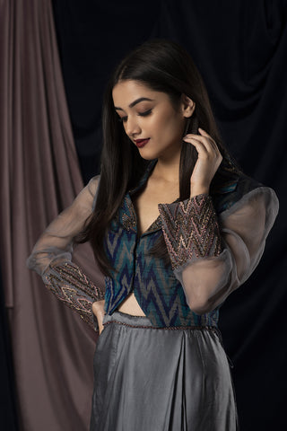 Organza and raw silk Embroidered Blouse and Cotton Satin Skirt Set