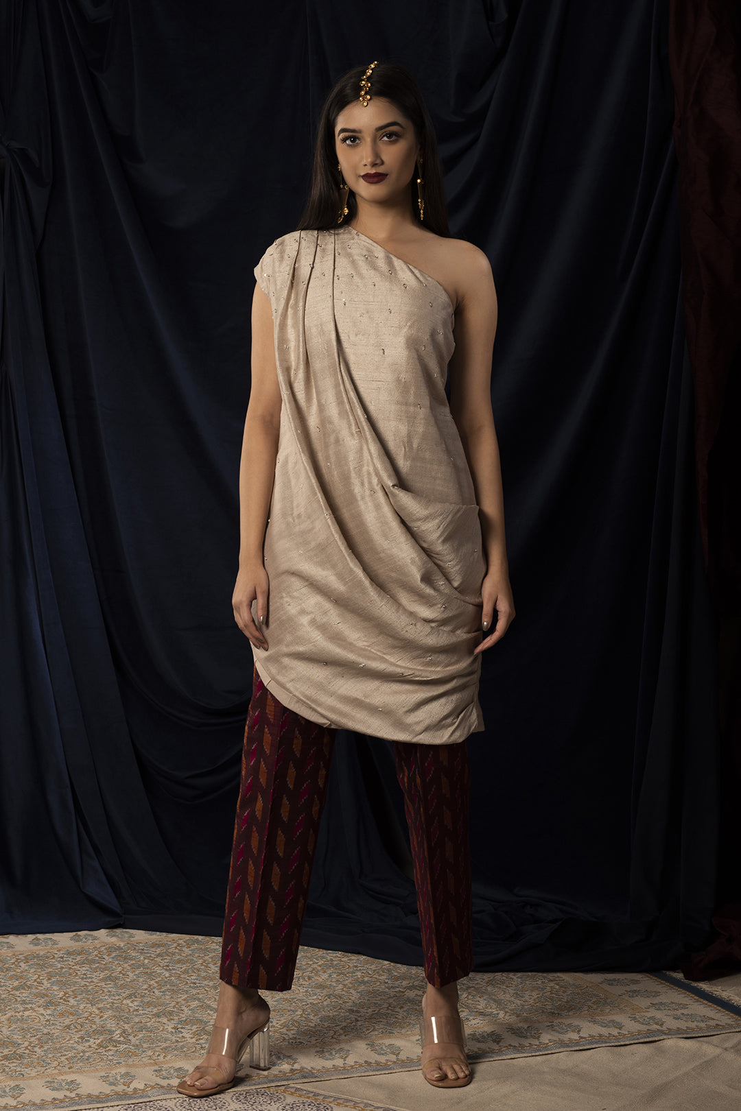 Long Uttara woman wide trousers in Indian silk  Spades red  Namastemood